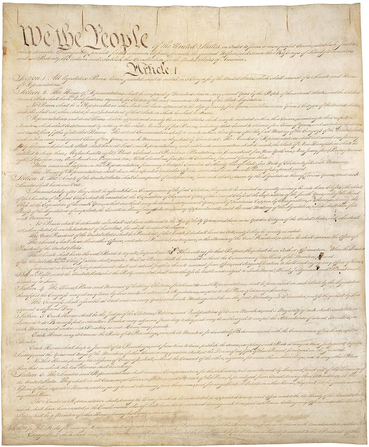 Page one of the original U.S. Constitution, held by the National Archives.