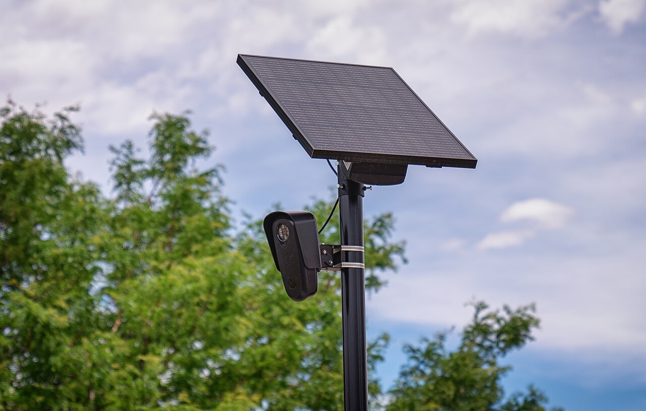 A solar-powered Flock Safety ALPR surveillance camera in Aurora, Colorado.