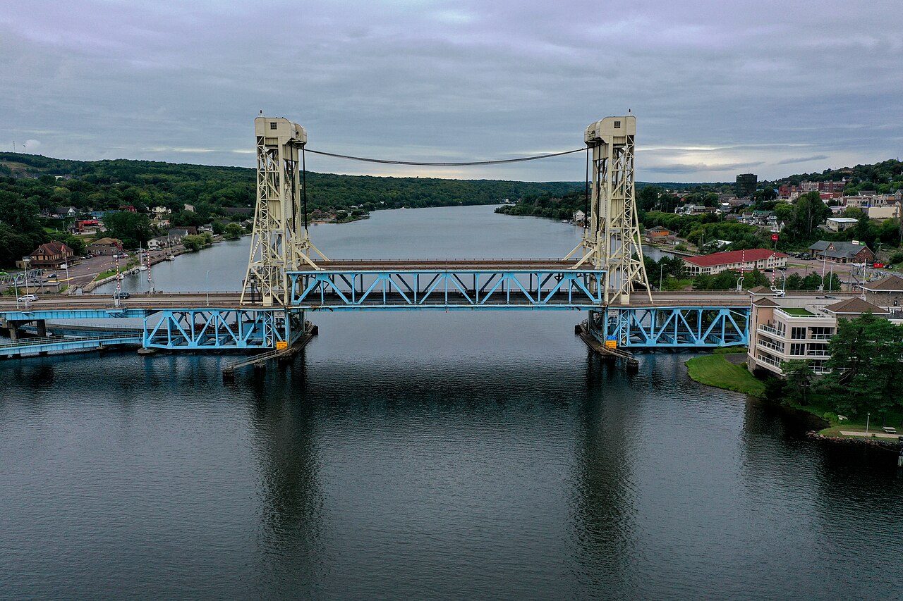 The Portage Lake Lift Bridge connecting Houghton and Hancock, Michigan.