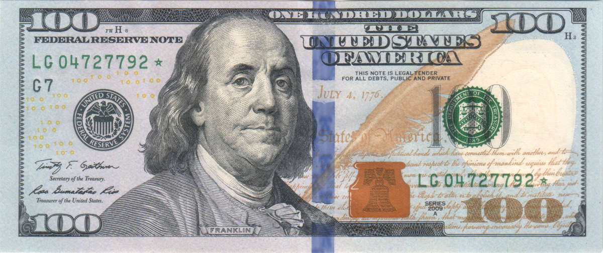 The front of a U.S. $100 Federal Reserve note.