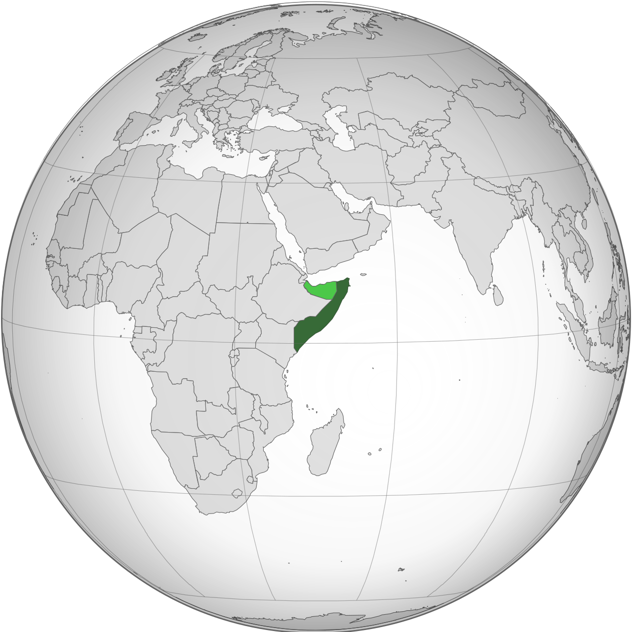 Somalia (green) in the Horn of Africa; the Lower Juba region lies in the south.